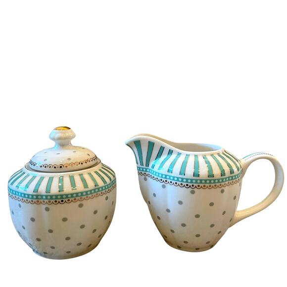 Grace Teaware Fine Porcelain Creamer & Sugar Aqua Blue & White Dots Stripes New - Picture 16 of 16